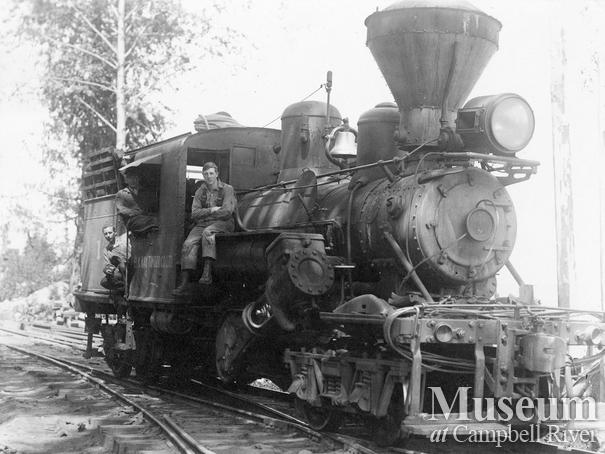 Elk Bay Timber Co. locomotive and crew