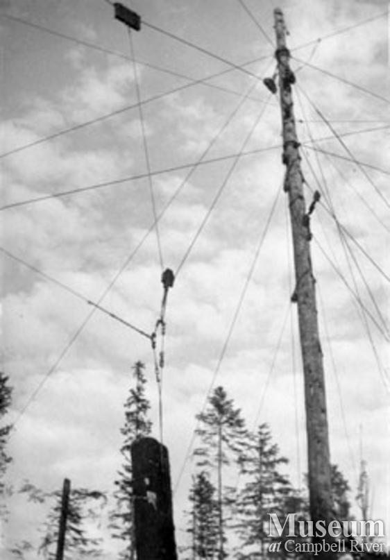Hauling a log with a spar tree in Port Neville