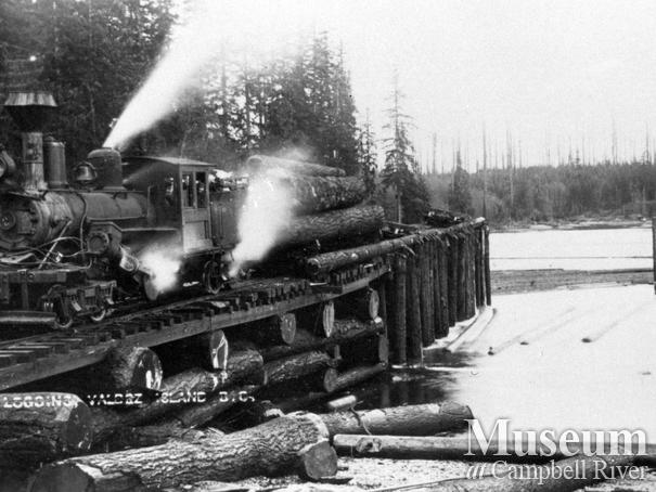 Logging locomotive on trestle