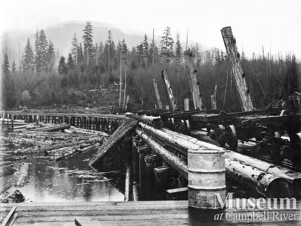 Log dump at P.B. Anderson's Camp at Knox Bay, Thurlow Island
