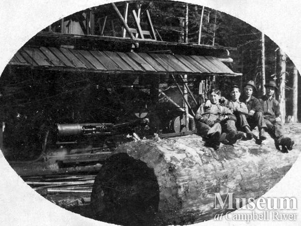 Logging crew with a steam donkey on Thurlow Island