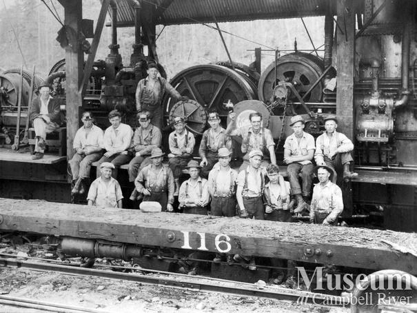 Donkey engine and crew at Elk River Timber Co. logging operations near Campbell River