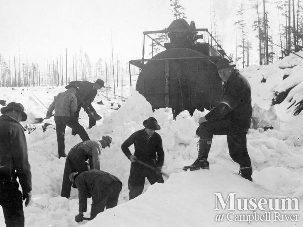 Bloedel Stewart and Welch locomotive stuck near camp 4