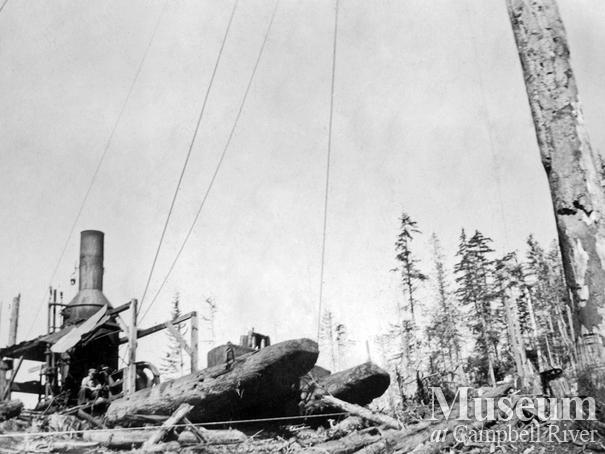 Steam donkey cold decking logs near Port Neville