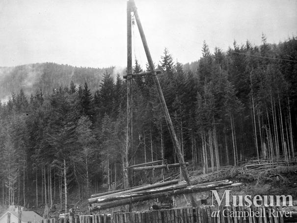 A frame unloading logs at Port Neville