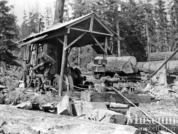 Steam donkey in operation likely on Quadra Island