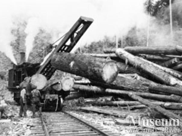 Loading rail cars at Bloedel Camp 5 near Menzie's Bay