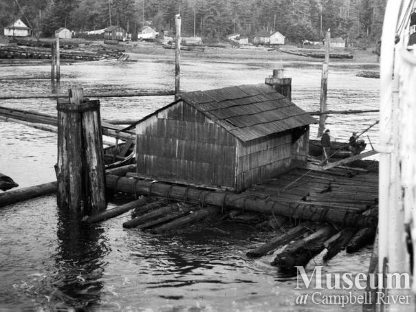 View of booming ground and camp at Elk Bay