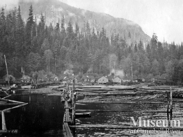 View of booming ground and camp at Elk Bay