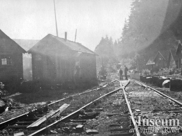 Rail line and camp buildings at Elk Bay